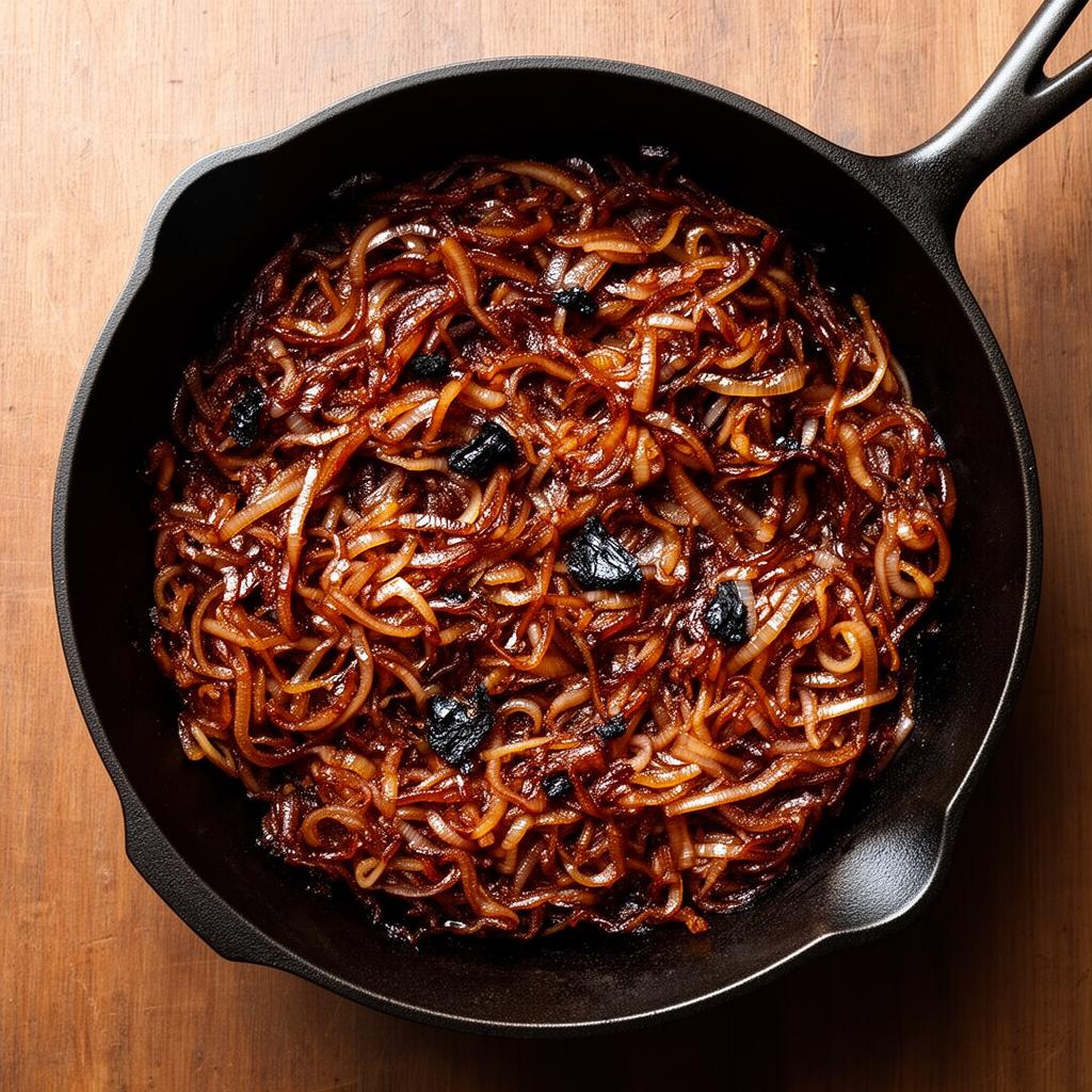 Cast iron skillet with caramelizing onions